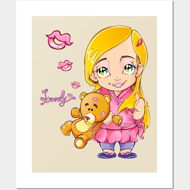 Pink Princess Girl with Teddy Bear | Lovely Wall Art by Los Bello's